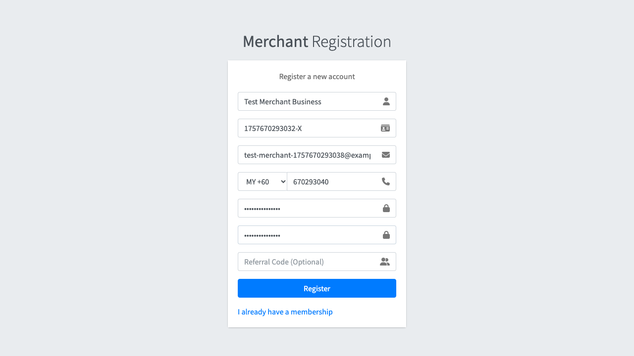 Merchant Registration Form Filled